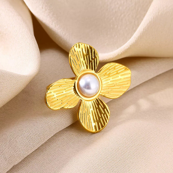 Ring Stainless Steel Pearls Geometric Exaggerated Four Petal Flower Electroplating