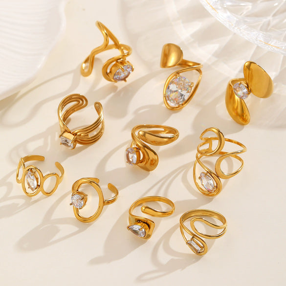 Ring Stainless Steel Real Gold Plated Geometric Water Drop Zircon Open Doublelayer Specialshaped