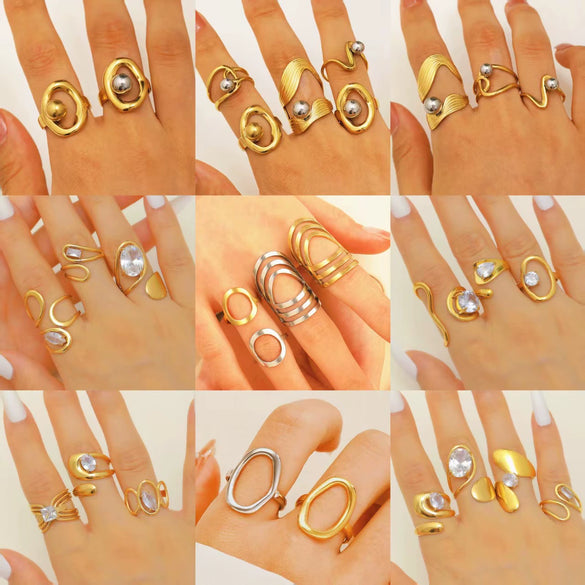 Ring Stainless Steel Real Gold Plated Geometric Water Drop Zircon Open Doublelayer Specialshaped