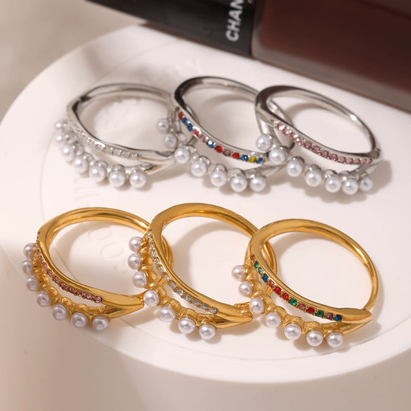 Ring 316L Stainless Steel Double Layer 5A Zircon Viscose Drill Side Opening Adjustment Geometric Style 18K Gold Plated