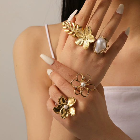Ring Titanium Steel Flower Leaves Geometric Electroplated Highend Jewelry