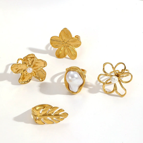 Ring Titanium Steel Flower Leaves Geometric Electroplated Highend Jewelry