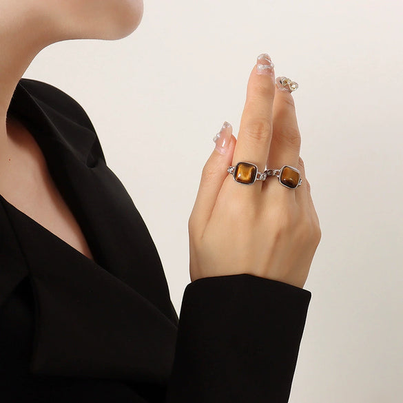 Ring 316L Stainless Steel Geometric Retro Natural Stone Tiger Eye Stone Inlay Electroplating Unisex High Quality Accessories