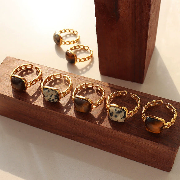 Ring 316L Stainless Steel Geometric Retro Natural Stone Tiger Eye Stone Inlay Electroplating Unisex High Quality Accessories
