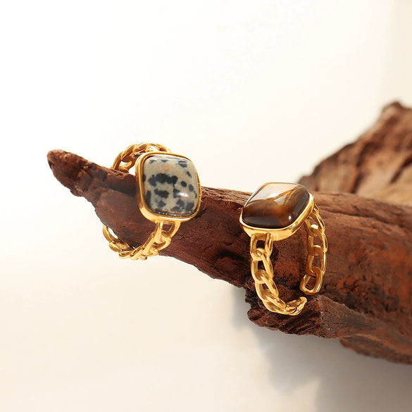 Ring 316L Stainless Steel Geometric Retro Natural Stone Tiger Eye Stone Inlay Electroplating Unisex High Quality Accessories