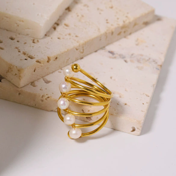 Ring Titanium Steel Natural Freshwater Pearl Geometric Handmade Women's Light Luxury Vintage