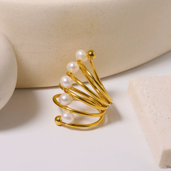 Ring Titanium Steel Natural Freshwater Pearl Geometric Handmade Women's Light Luxury Vintage