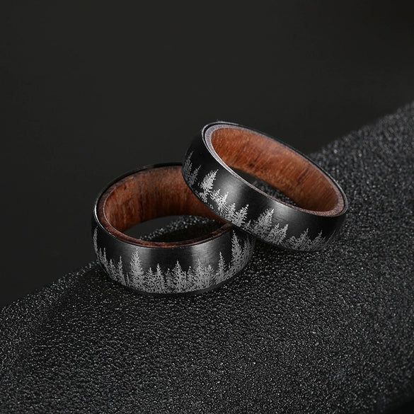 Ring Titanium Steel Pear Wood Inner Ring Timberwolf Pattern Laser Process Unisex Original Design
