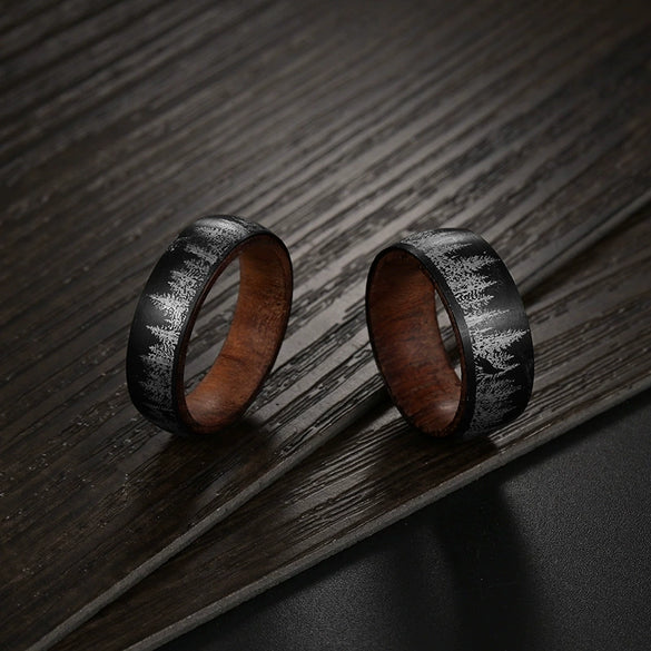Ring Titanium Steel Pear Wood Inner Ring Timberwolf Pattern Laser Process Unisex Original Design