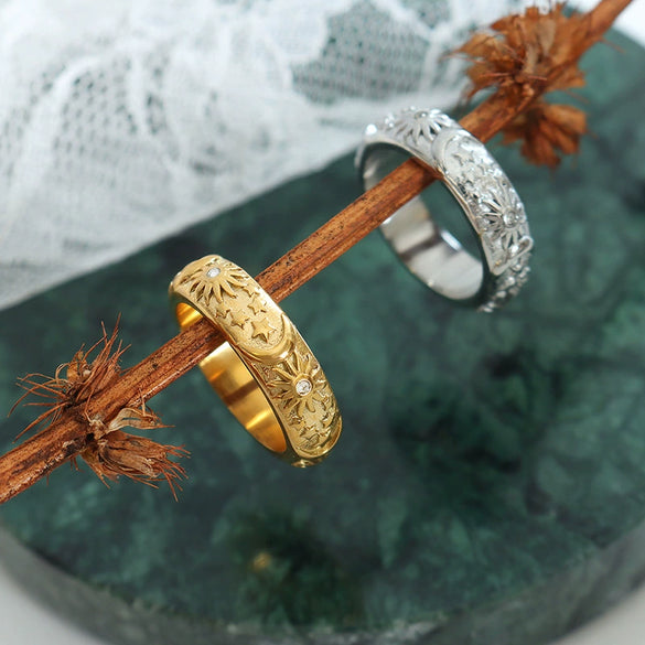 Ring 316L Stainless Steel Vintage Palace Style Inlaid Zircon Embossed Sun Moon Geometric 18K Gold Plated Unisex