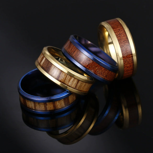 Rings Stainless Steel Inlaid Teak Titanium Steel Geometric Dripping Oil Unisex
