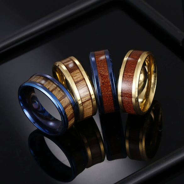 Rings Stainless Steel Inlaid Teak Titanium Steel Geometric Dripping Oil Unisex