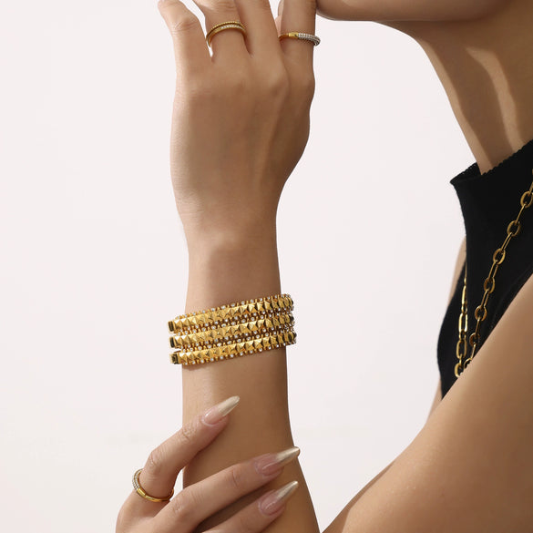 Riveted Stainless Steel Zircon Bracelet With Geometric Style Electroplated 18K Gold Handmade And Polished