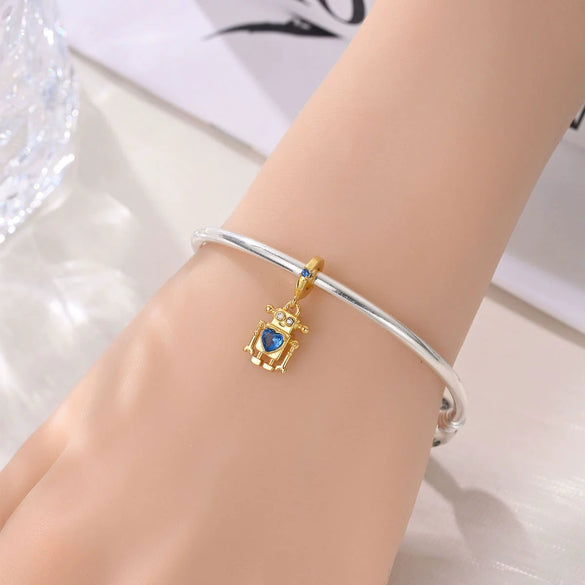 Robot Charm Pendant Bead Bracelet Piece Copper Silver Plated Dripping Oil Design
