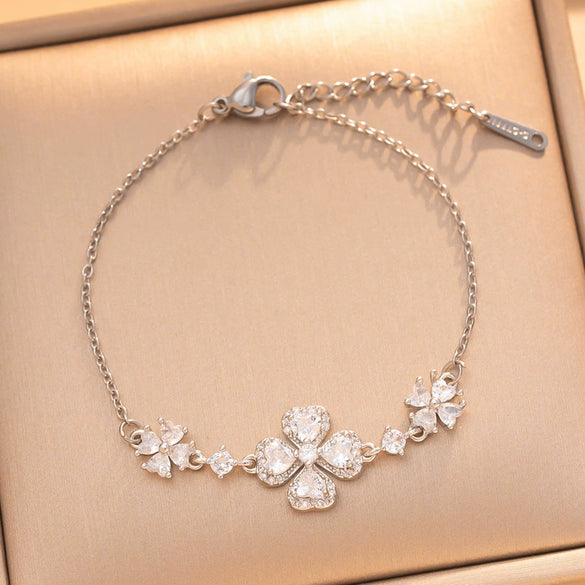 Romantic Double Flower Titanium Steel Ring Bracelet And Necklace Jewelry Set With Rose Gold Plated Copper Accents For Women