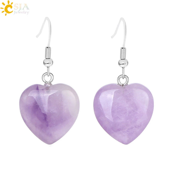Romantic Heart Shaped Natural Stone And Copper Fish Hook Earrings Minimalist Semi Precious Crystal Earrings