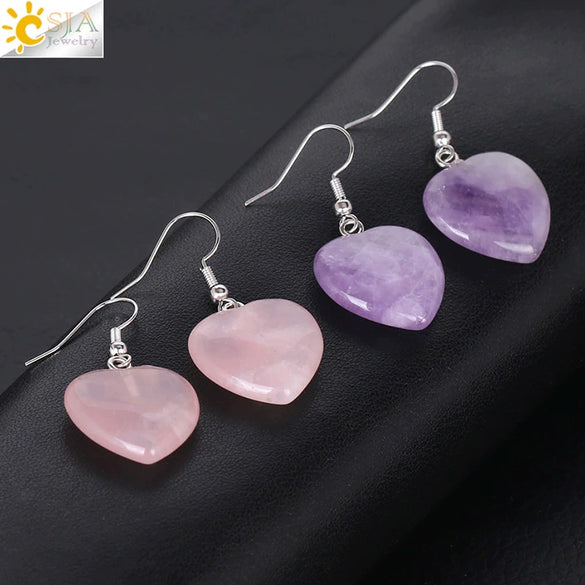 Romantic Heart Shaped Natural Stone And Copper Fish Hook Earrings Minimalist Semi Precious Crystal Earrings