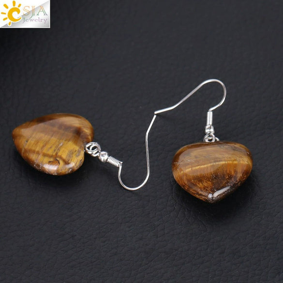 Romantic Heart Shaped Natural Stone And Copper Fish Hook Earrings Minimalist Semi Precious Crystal Earrings