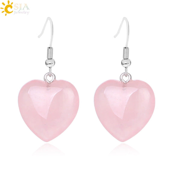Romantic Heart Shaped Natural Stone And Copper Fish Hook Earrings Minimalist Semi Precious Crystal Earrings