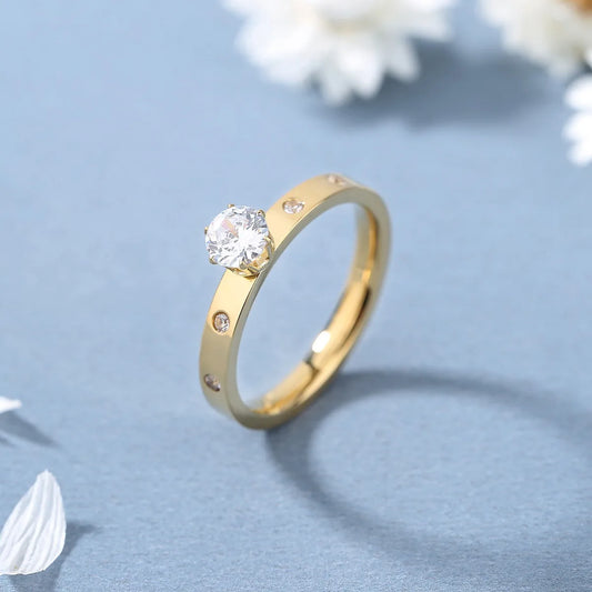 Wholesale Jewelry Romantic Shiny Round Stainless Steel Rhinestones Zircon 18K Gold Plated Polishing Plating Inlay Rings