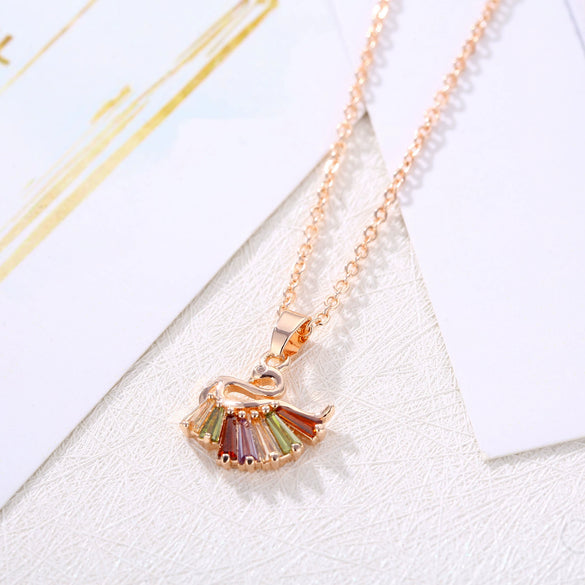 Rose Gold Copper Swan Pendant Necklace With Zircon Inlay Animal Design O Chain Clavicle Necklace For Women