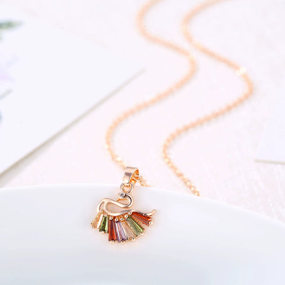 Rose Gold Copper Swan Pendant Necklace With Zircon Inlay Animal Design O Chain Clavicle Necklace For Women
