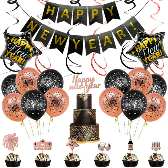 Rose Gold New Year Aluminum Foil Balloon Set With Letter Banner And Cake Topper Decorations For Party Displays