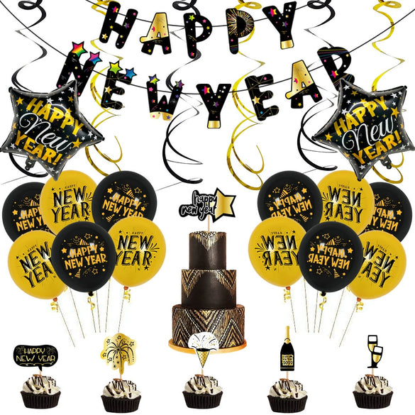 Rose Gold New Year Aluminum Foil Balloon Set With Letter Banner And Cake Topper Decorations For Party Displays