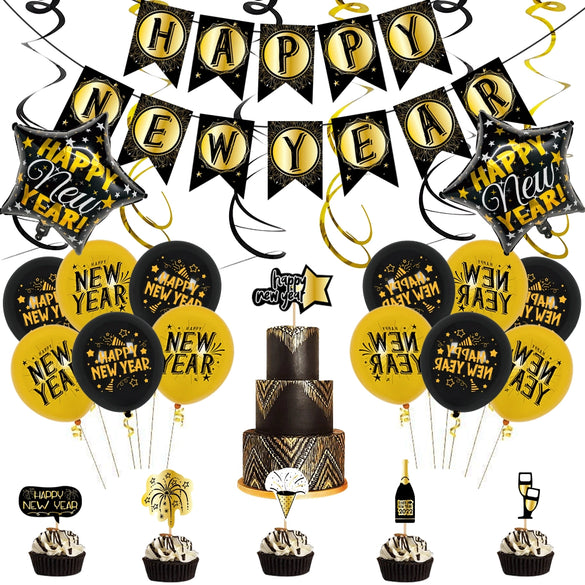 Rose Gold New Year Aluminum Foil Balloon Set With Letter Banner And Cake Topper Decorations For Party Displays