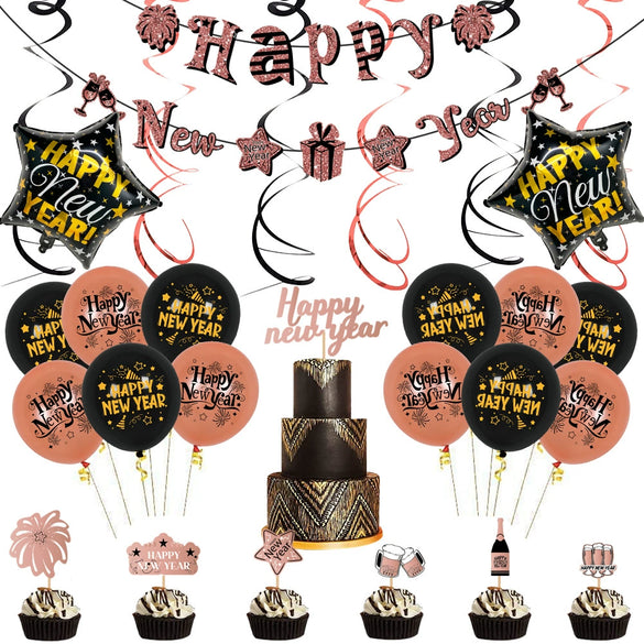Rose Gold New Year Aluminum Foil Balloon Set With Letter Banner And Cake Topper Decorations For Party Displays
