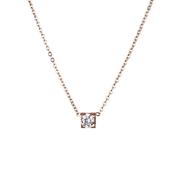Rose Gold Plated Simple Four Claw Single Diamond Pendant Titanium Steel Ball Chain Necklace With Geometric Design For Women