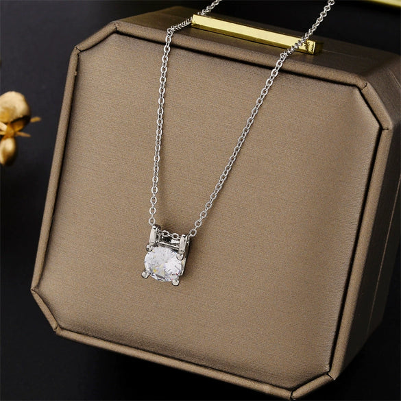Rose Gold Plated Simple Four Claw Single Diamond Pendant Titanium Steel Ball Chain Necklace With Geometric Design For Women