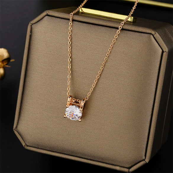 Rose Gold Plated Simple Four Claw Single Diamond Pendant Titanium Steel Ball Chain Necklace With Geometric Design For Women