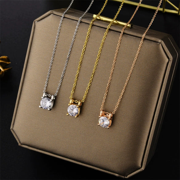 Rose Gold Plated Simple Four Claw Single Diamond Pendant Titanium Steel Ball Chain Necklace With Geometric Design For Women