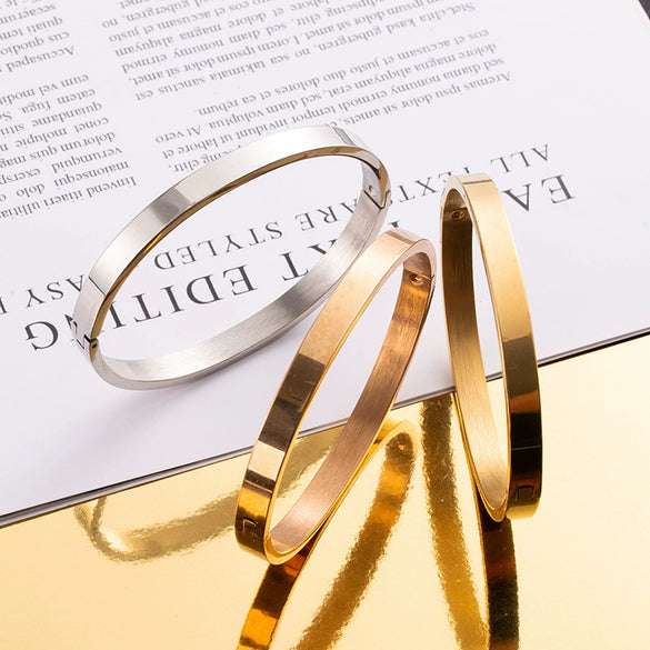 Rose Gold Smooth Oval Titanium Steel Open Cuff Bracelet With Gold Inlaid Finish For Men And Women