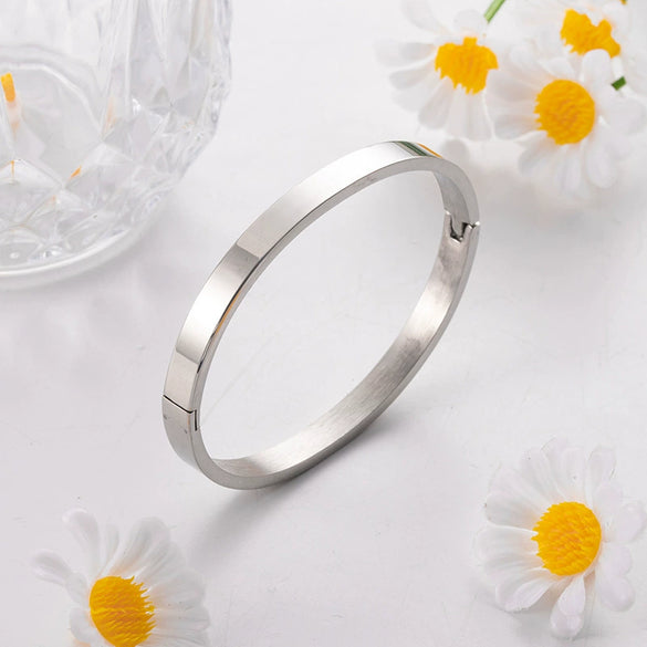 Rose Gold Smooth Oval Titanium Steel Open Cuff Bracelet With Gold Inlaid Finish For Men And Women