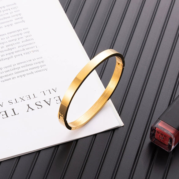 Rose Gold Smooth Oval Titanium Steel Open Cuff Bracelet With Gold Inlaid Finish For Men And Women