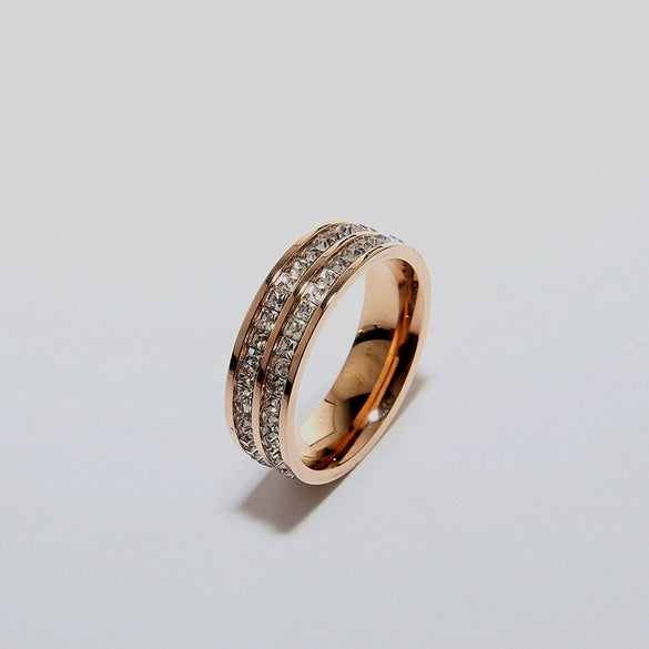 Rose Gold Stainless Steel Double Row Diamond Ring Geometric Fashion Jewelry Unisex Band
