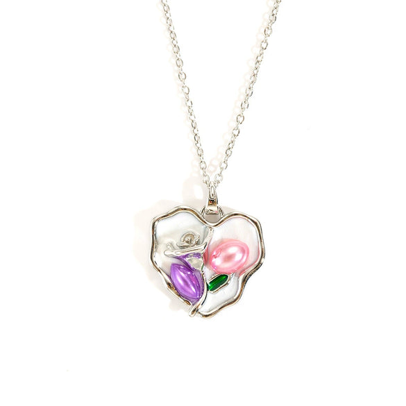 Rose Oil Painting Simple Clavicle Chain Necklace For Women Copper Pendant With Electroplating Titanium Steel Chain