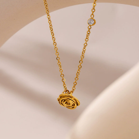 Rose Zircon Pendant Clavicle Necklace For Girls Light Luxury Style Stainless Steel Geometric Electroplating Jewelry