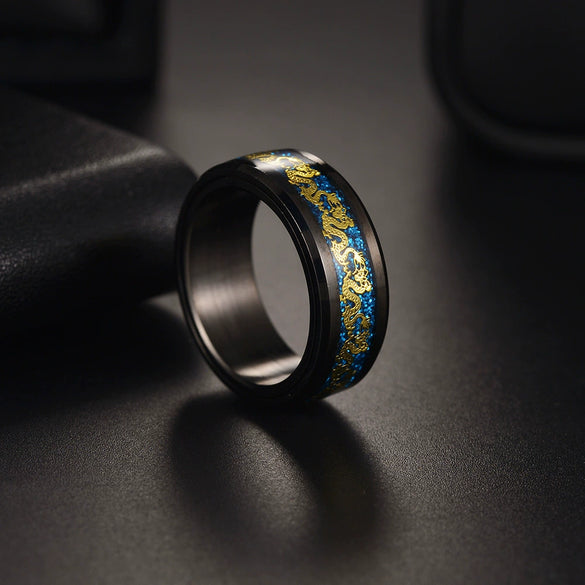 Rotatable Chinese Dragon Decompression Ring Titanium Steel Electroplated Black Geometric Jewelry