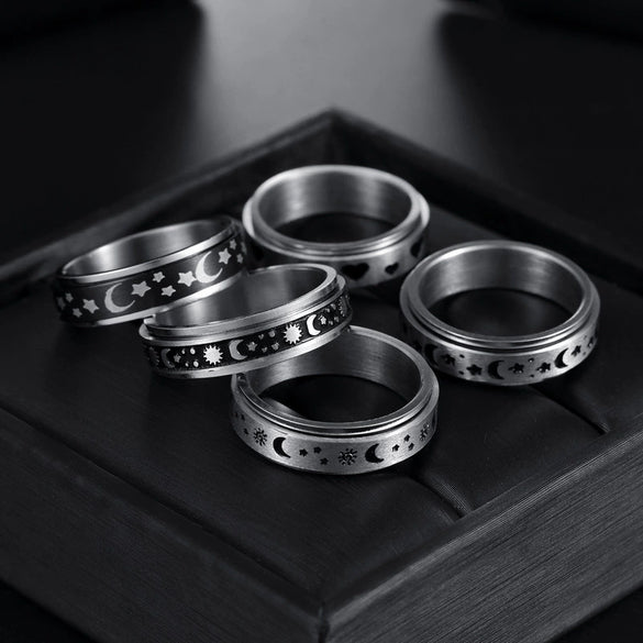 Rotatable Decompression Unisex Titanium Steel Ring With Geometric Pattern And Corrosion Greasing Treatment