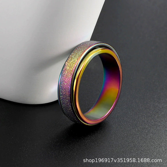Rotatable Frosted Titanium Steel Geometric Ring Electroplated Unisex Decompression Finger Ring In Multicolor