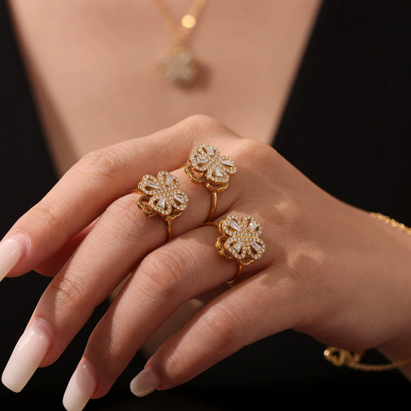 Rotatable Super Flash Zircon Fourleaf Flower Stainless Steel Jewelry Set For Women With Electroplating