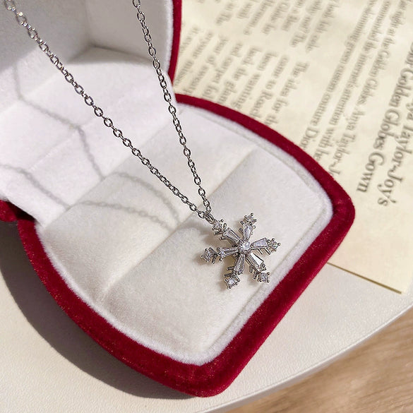 Rotatable Zircon Snowflake Titanium Steel Necklace With Mixed Gem Inlay And Geometric Design