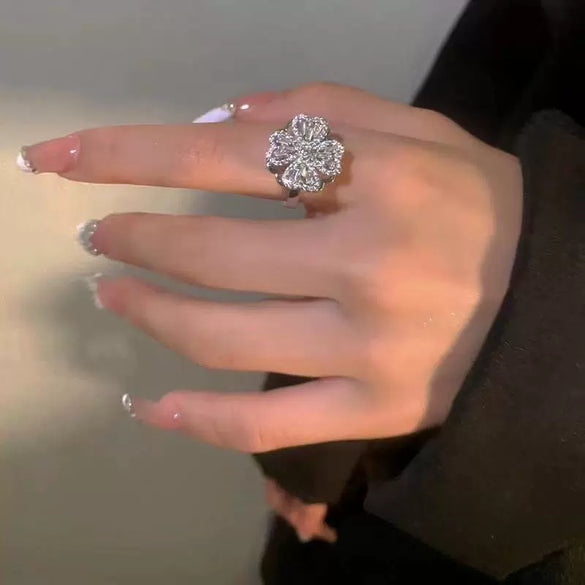 Rotating Adjustable Opening Anxiety Relief Fourleaf Clover Zircon Women's Copper Ring