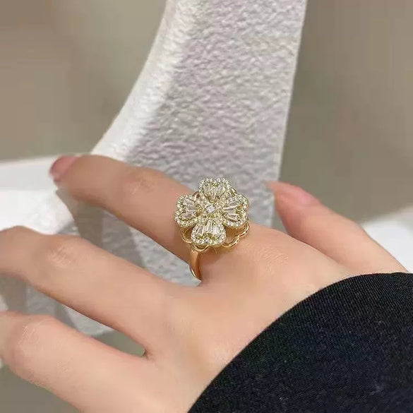 Rotating Adjustable Opening Anxiety Relief Fourleaf Clover Zircon Women's Copper Ring