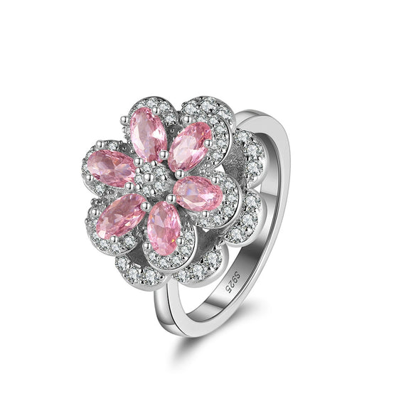 Rotating Jewelry Series S925 Sterling Silver Pink Flower Zircon Electroplated Geometric Diamond Ring For Women