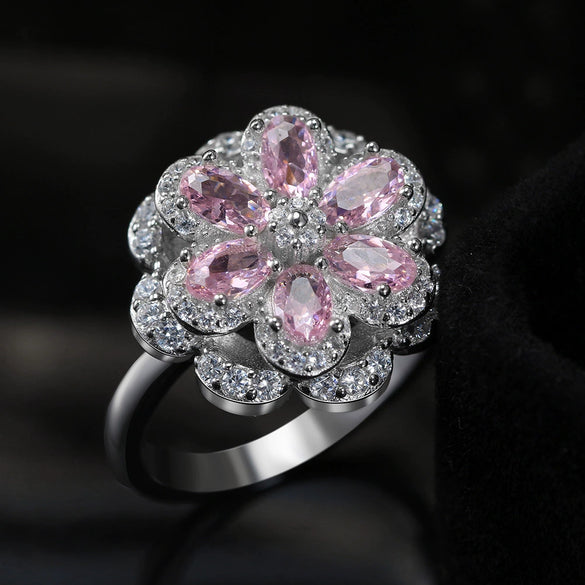 Rotating Jewelry Series S925 Sterling Silver Pink Flower Zircon Electroplated Geometric Diamond Ring For Women