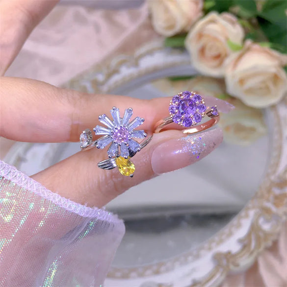 Rotating Moving Ring Flower Zircon Super Flash Ring Opening Color Retention Niche Design Fashion Hand Accessories Female Fashion